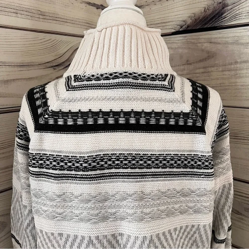 Chaps Ivory & Grey Striped Fair Isle Mock Turtleneck Sweater
